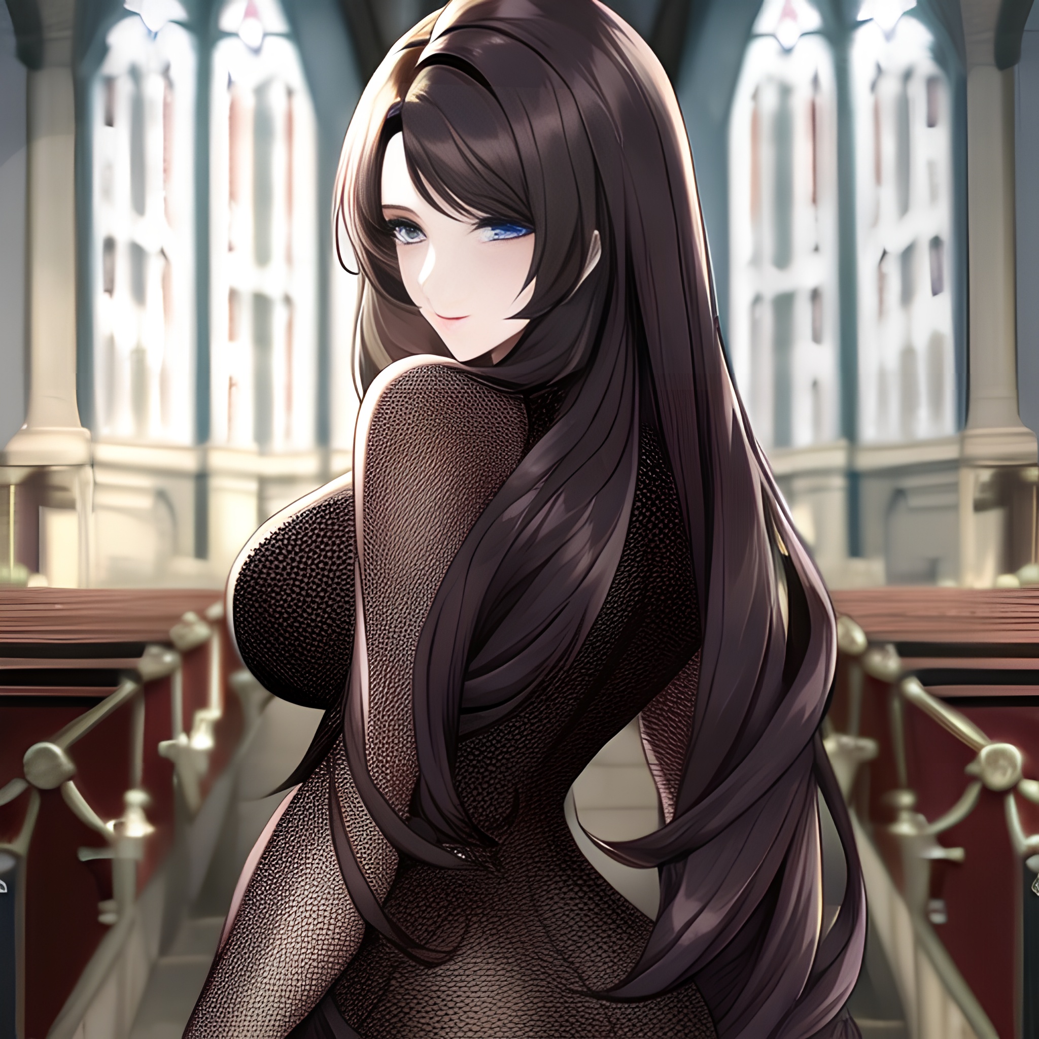 church brunette long hair messy hair woman fishnet 