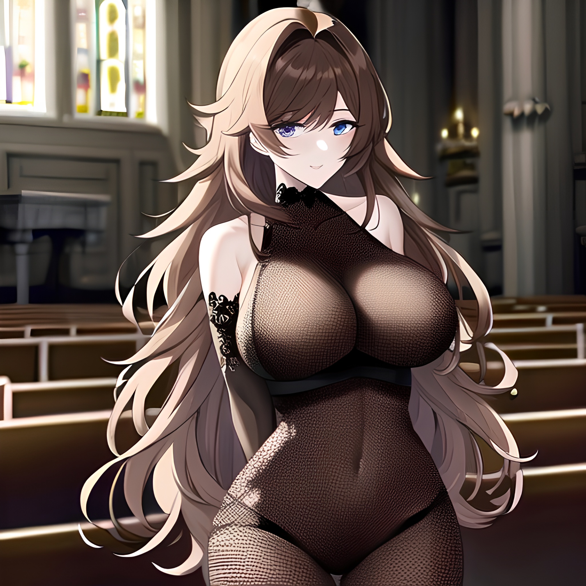 church brunette long hair woman fishnet messy hair 