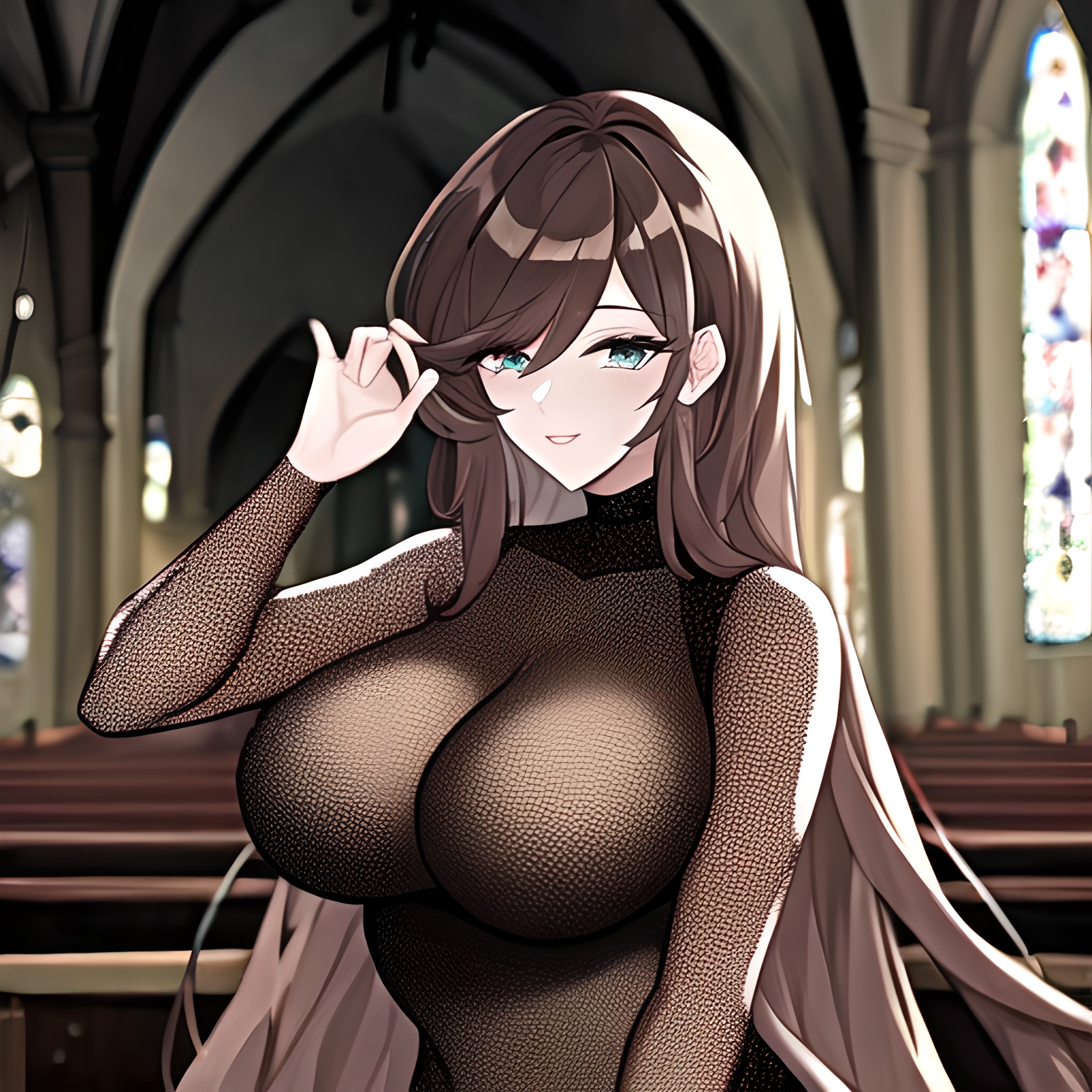 church brunette long hair woman fishnet messy hair