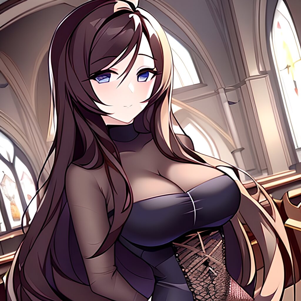 church brunette long hair woman fishnet messy hair
