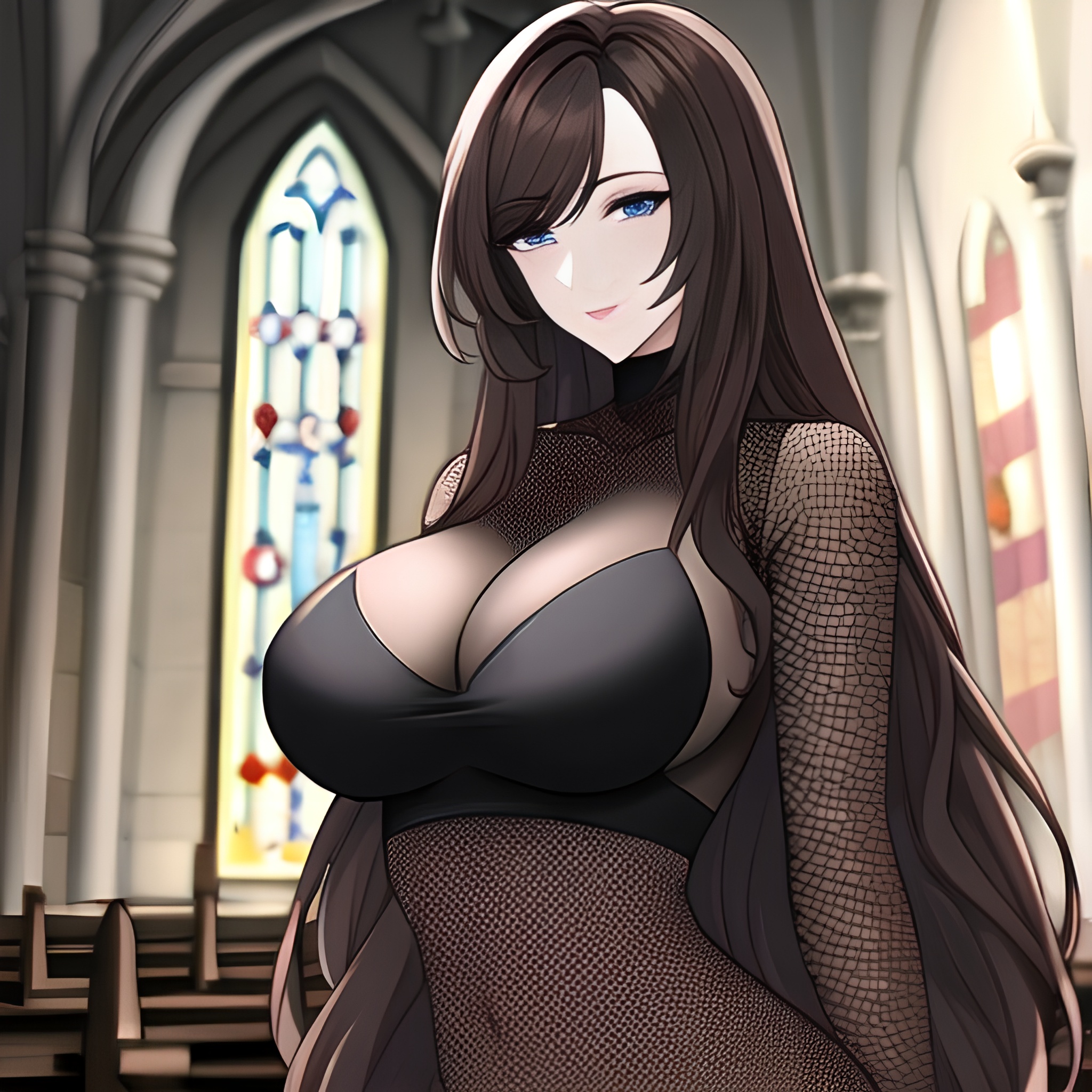 church brunette long hair woman messy hair fishnet 