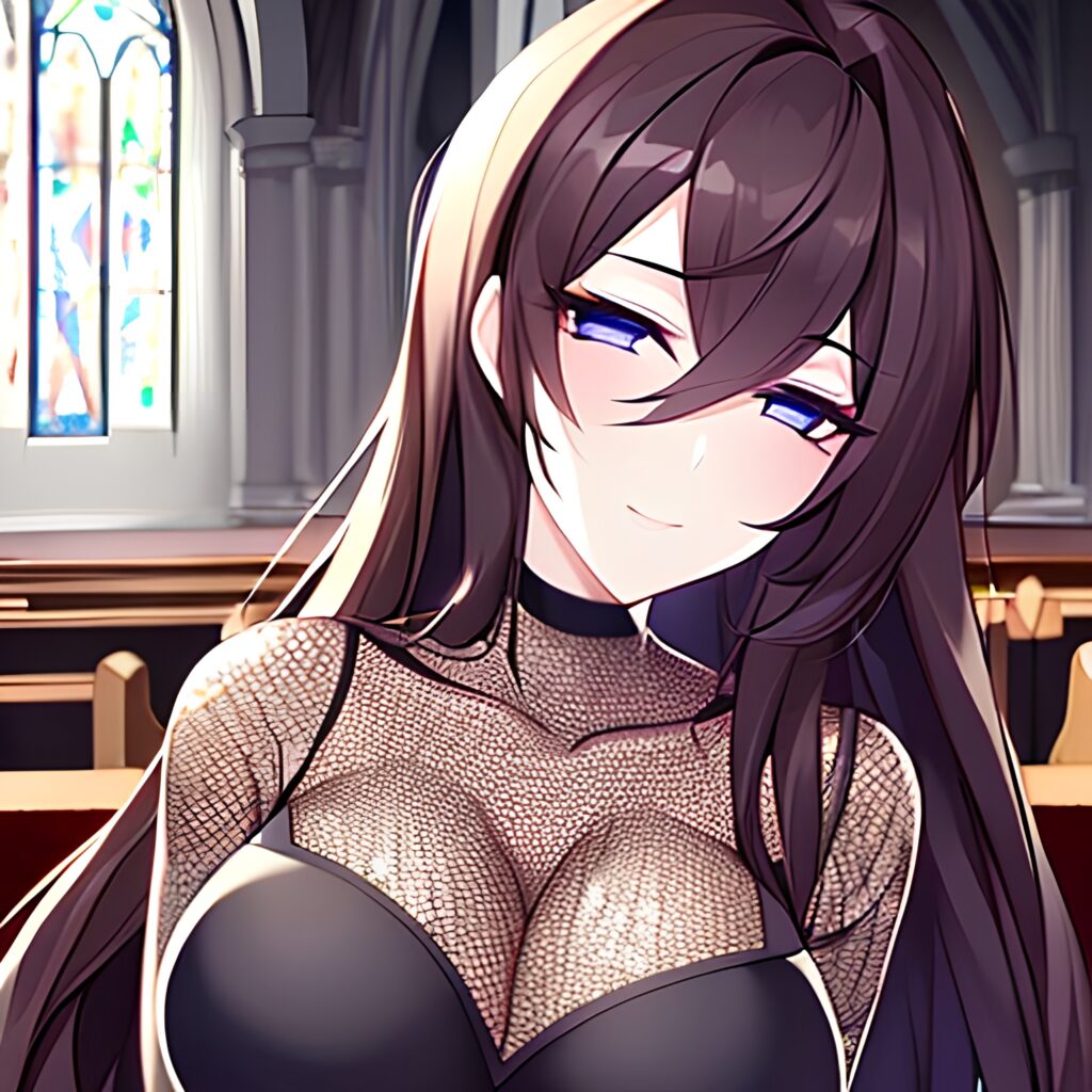 church brunette long hair woman messy hair fishnet 