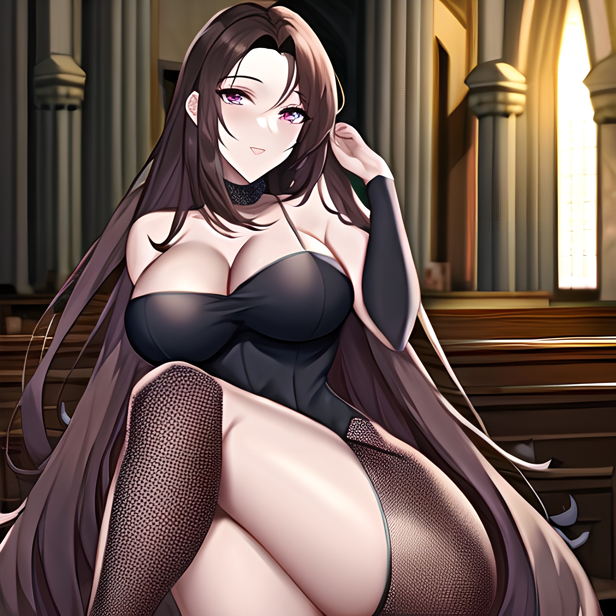 church brunette long hair woman messy hair fishnet 