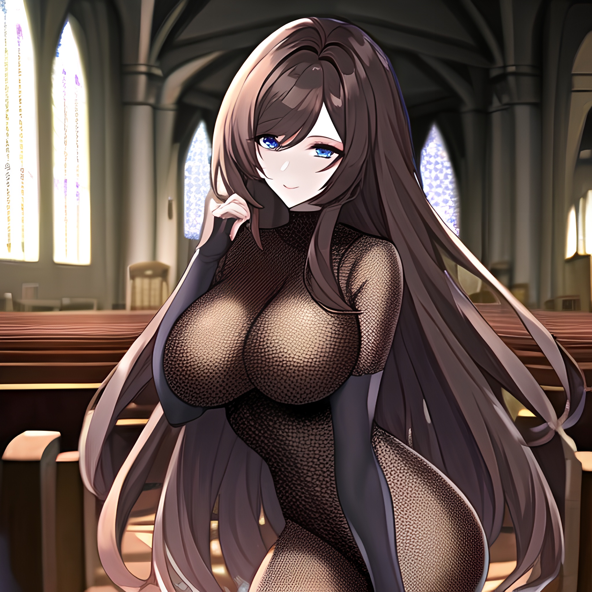 church brunette messy hair fishnet long hair woman