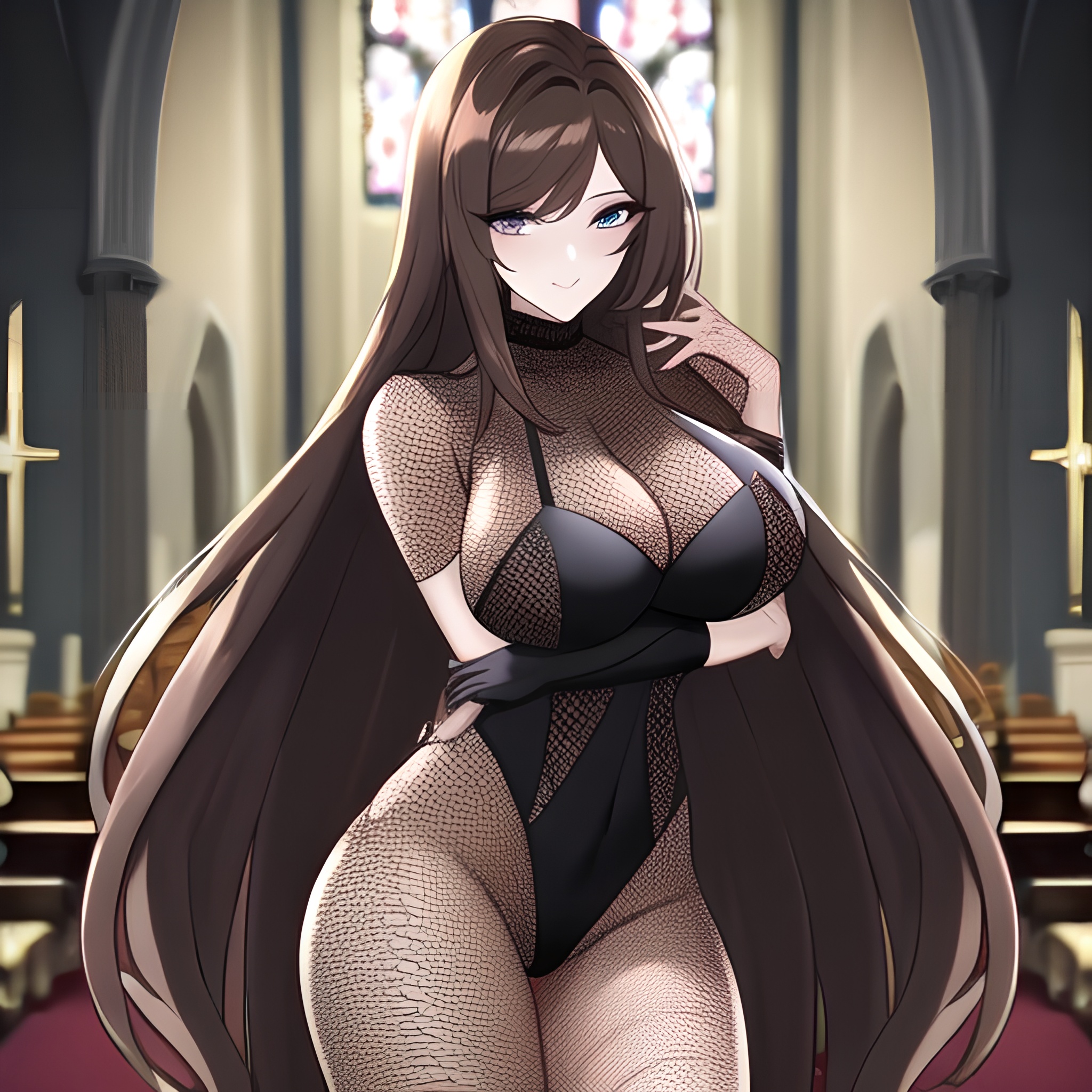 church brunette messy hair fishnet long hair woman 
