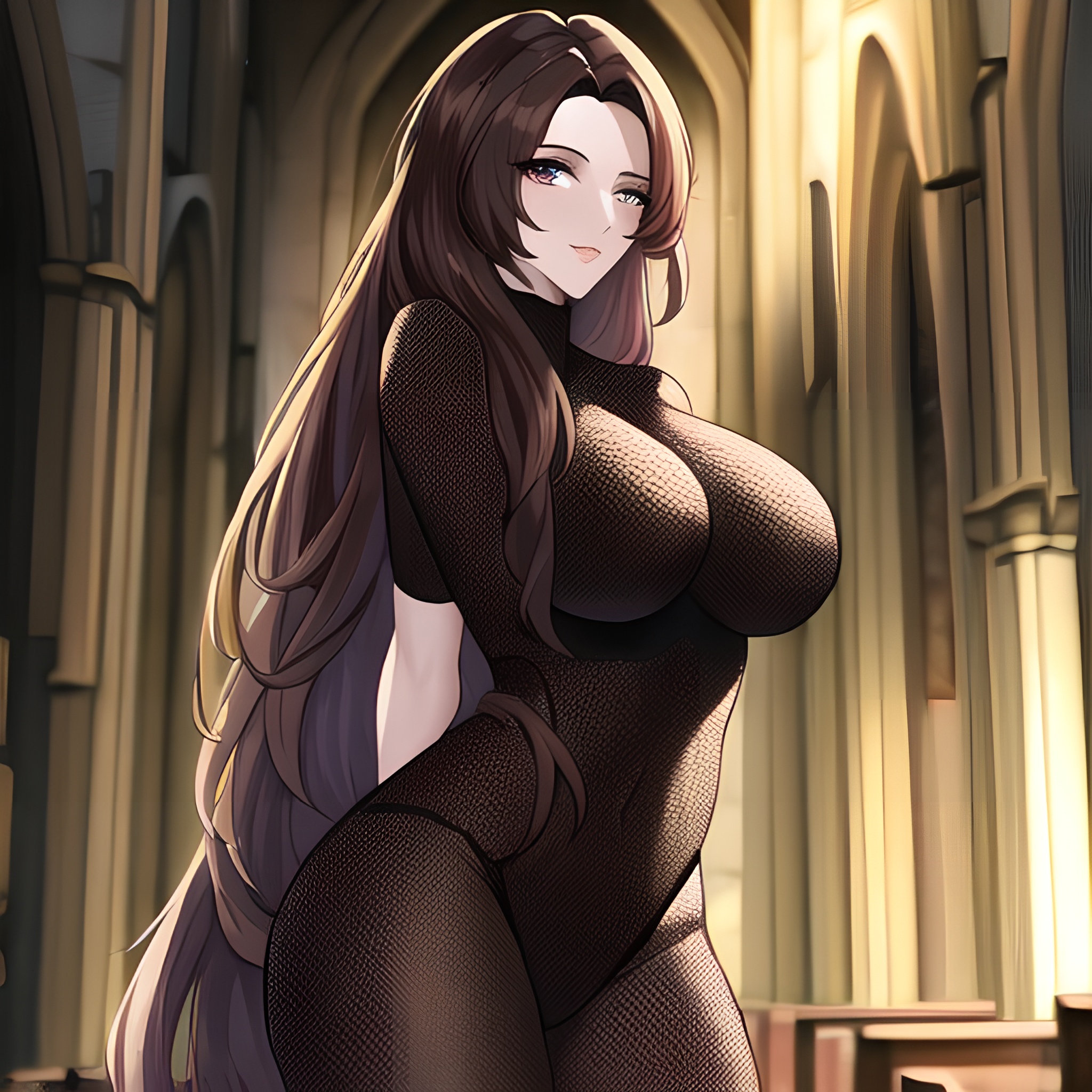church brunette messy hair fishnet long hair woman 