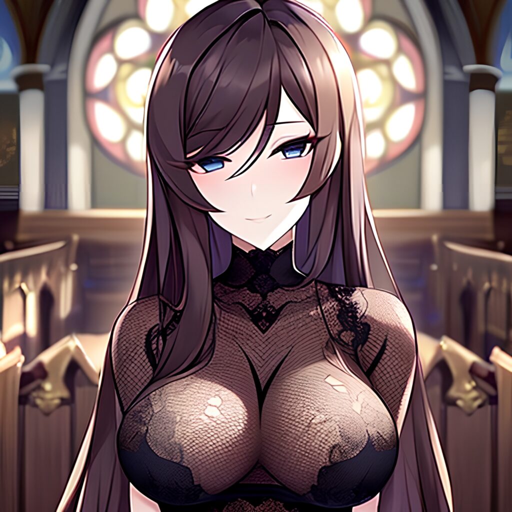 church brunette messy hair fishnet long hair woman 