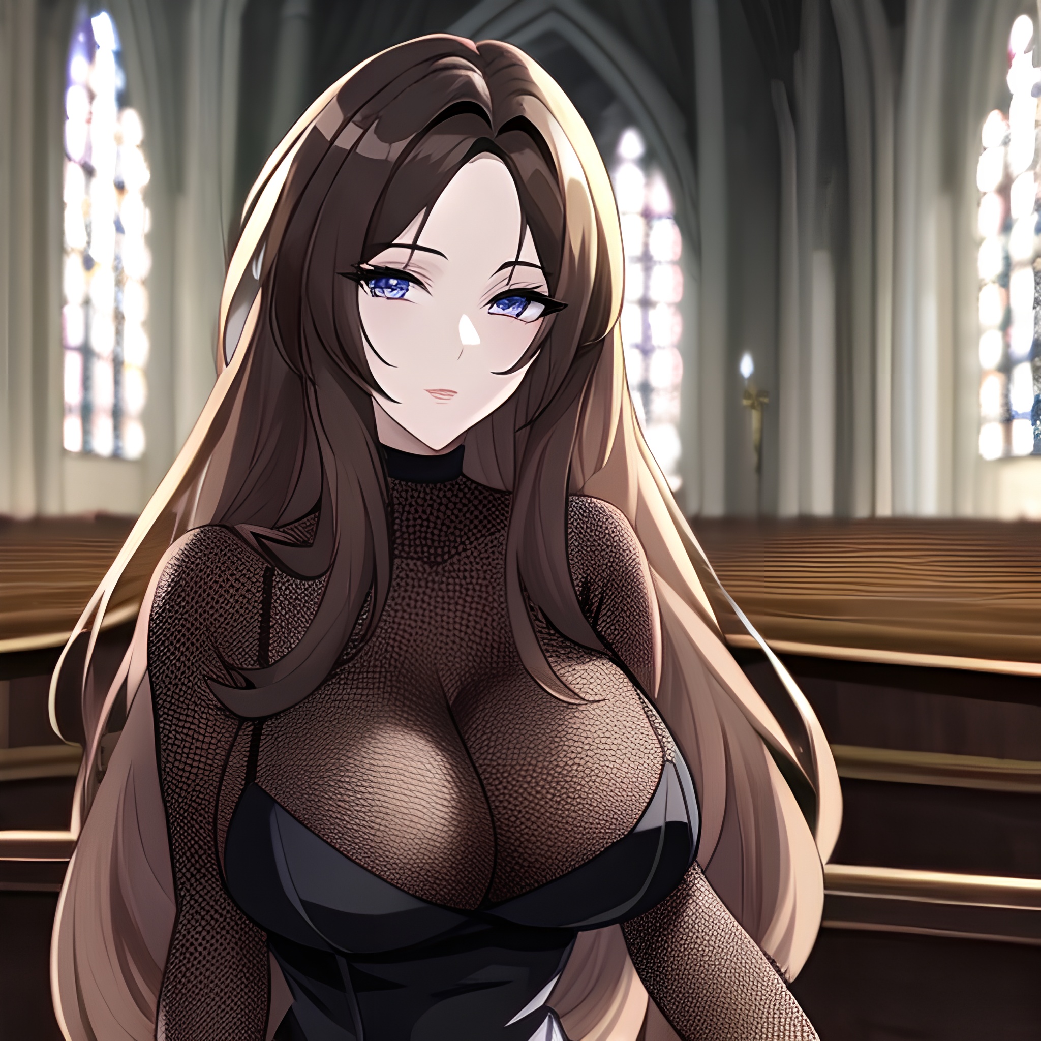 church brunette messy hair fishnet long hair woman 
