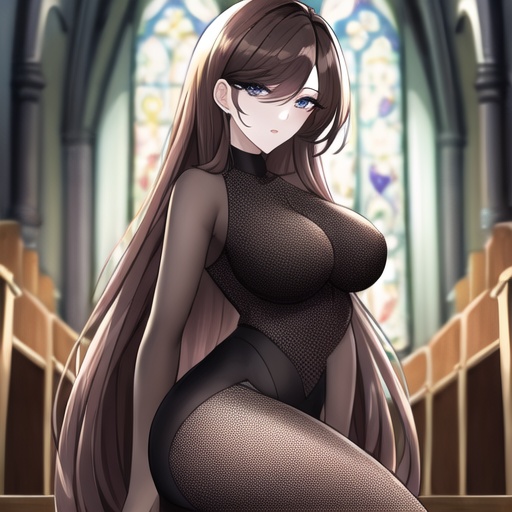 church brunette messy hair fishnet woman long hair 