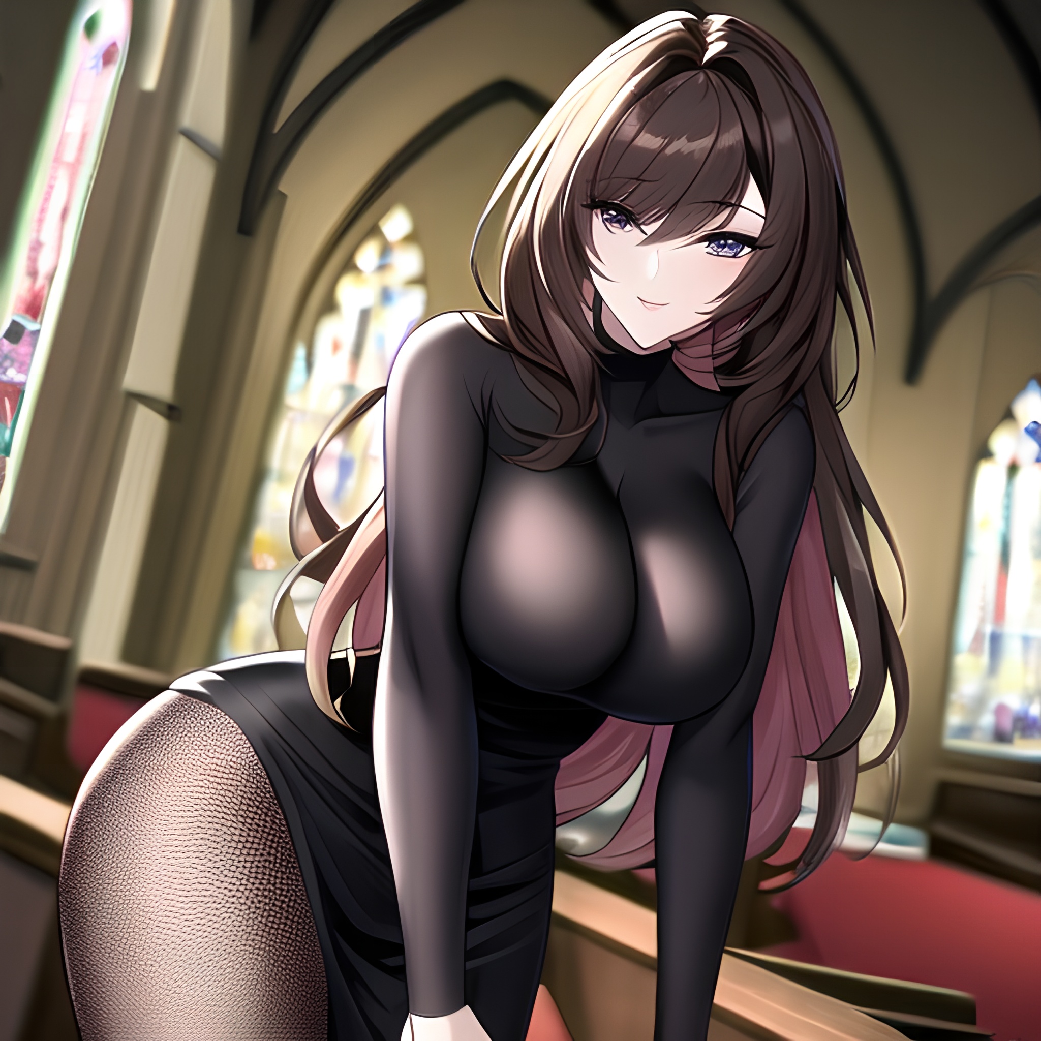 church brunette messy hair fishnet woman long hair 