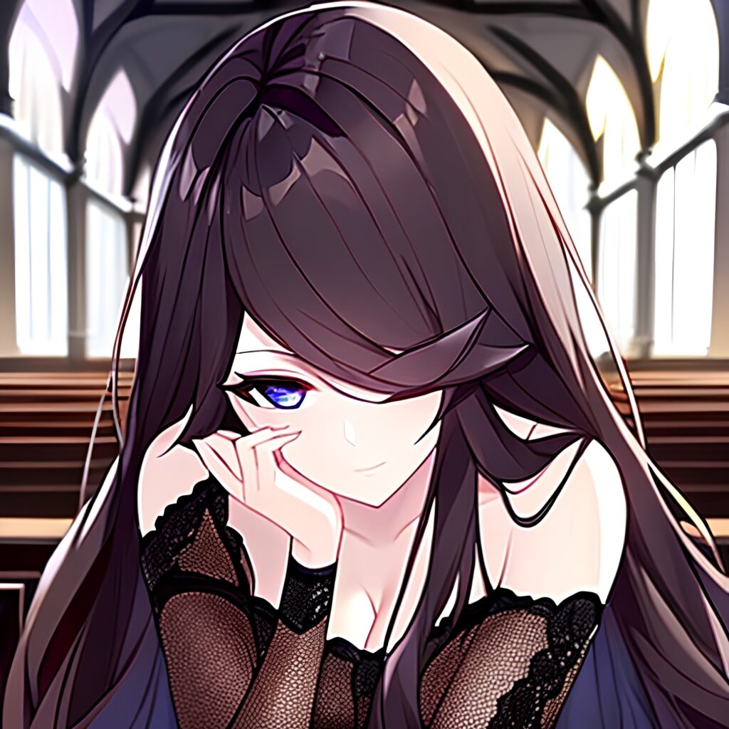 church brunette messy hair long hair fishnet woman