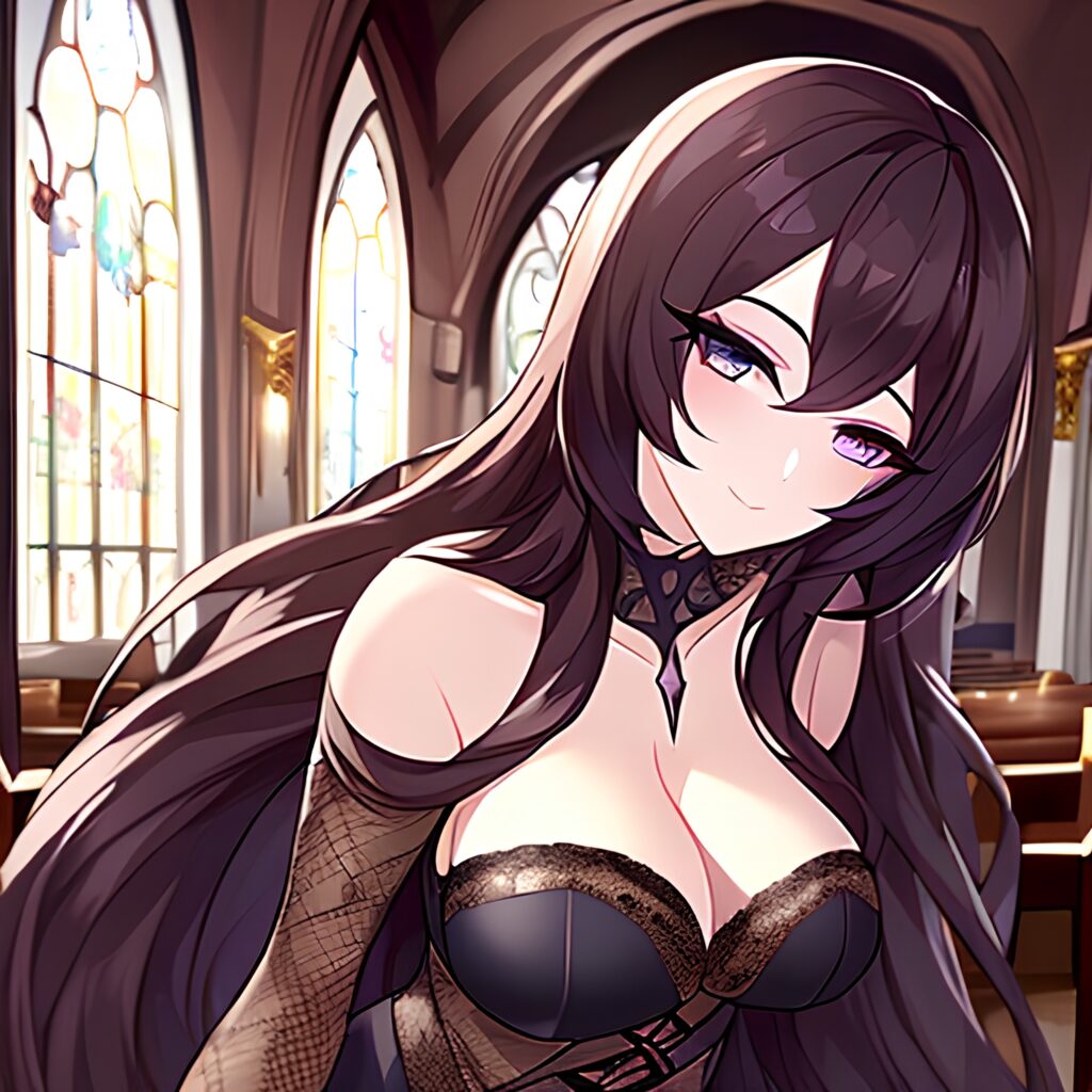 church brunette messy hair long hair fishnet woman