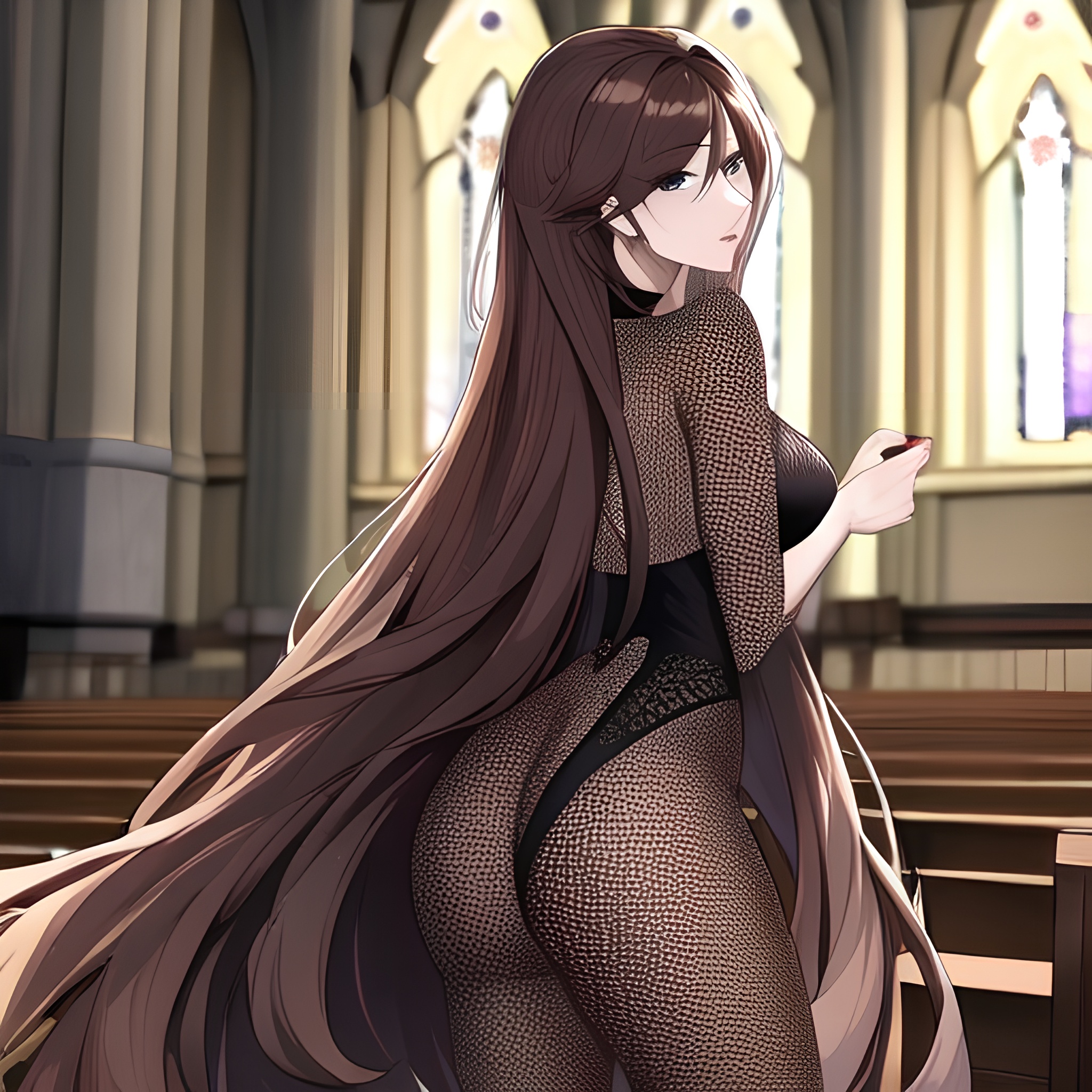 church brunette messy hair long hair fishnet woman 