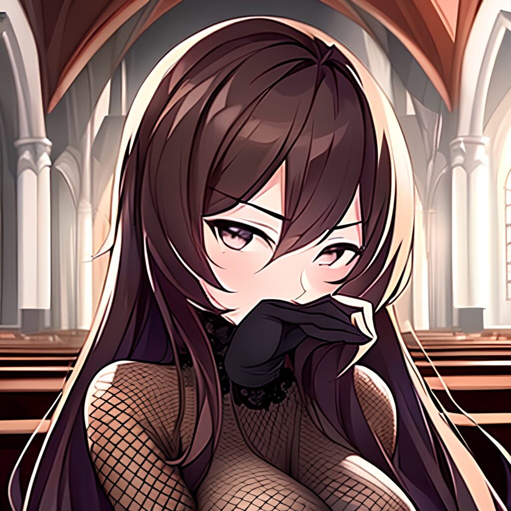 church brunette messy hair long hair woman fishnet 