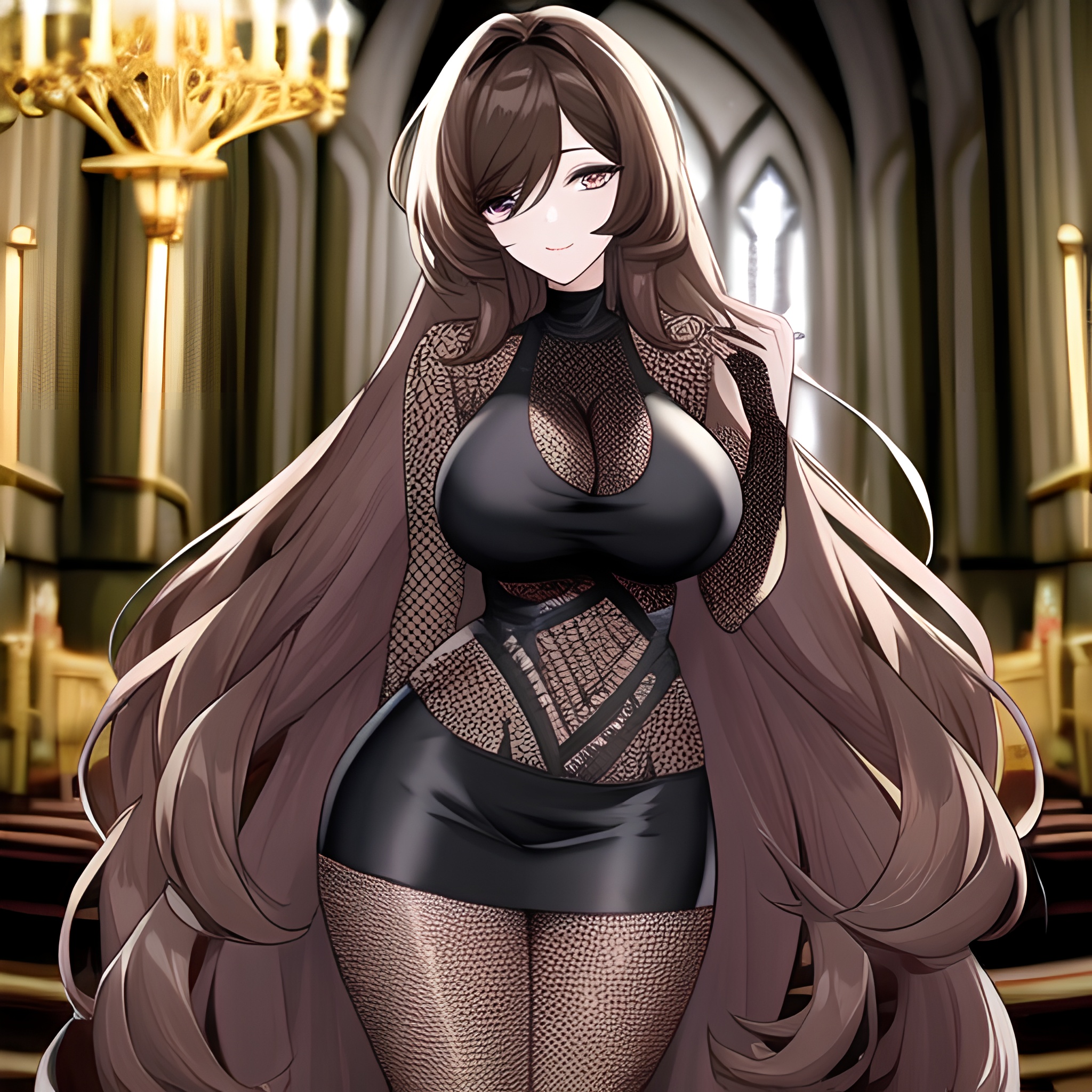 church brunette messy hair long hair woman fishnet 
