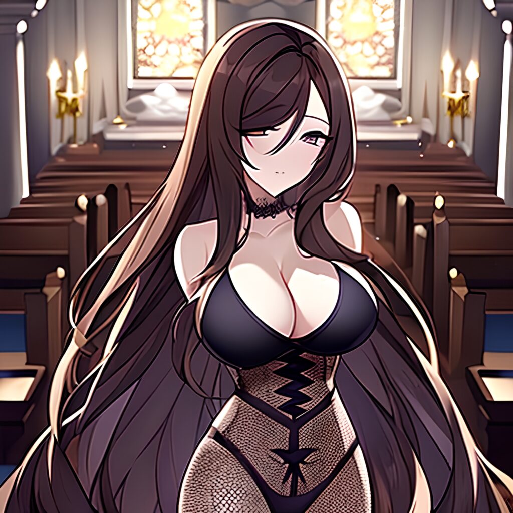 church brunette messy hair long hair woman fishnet 