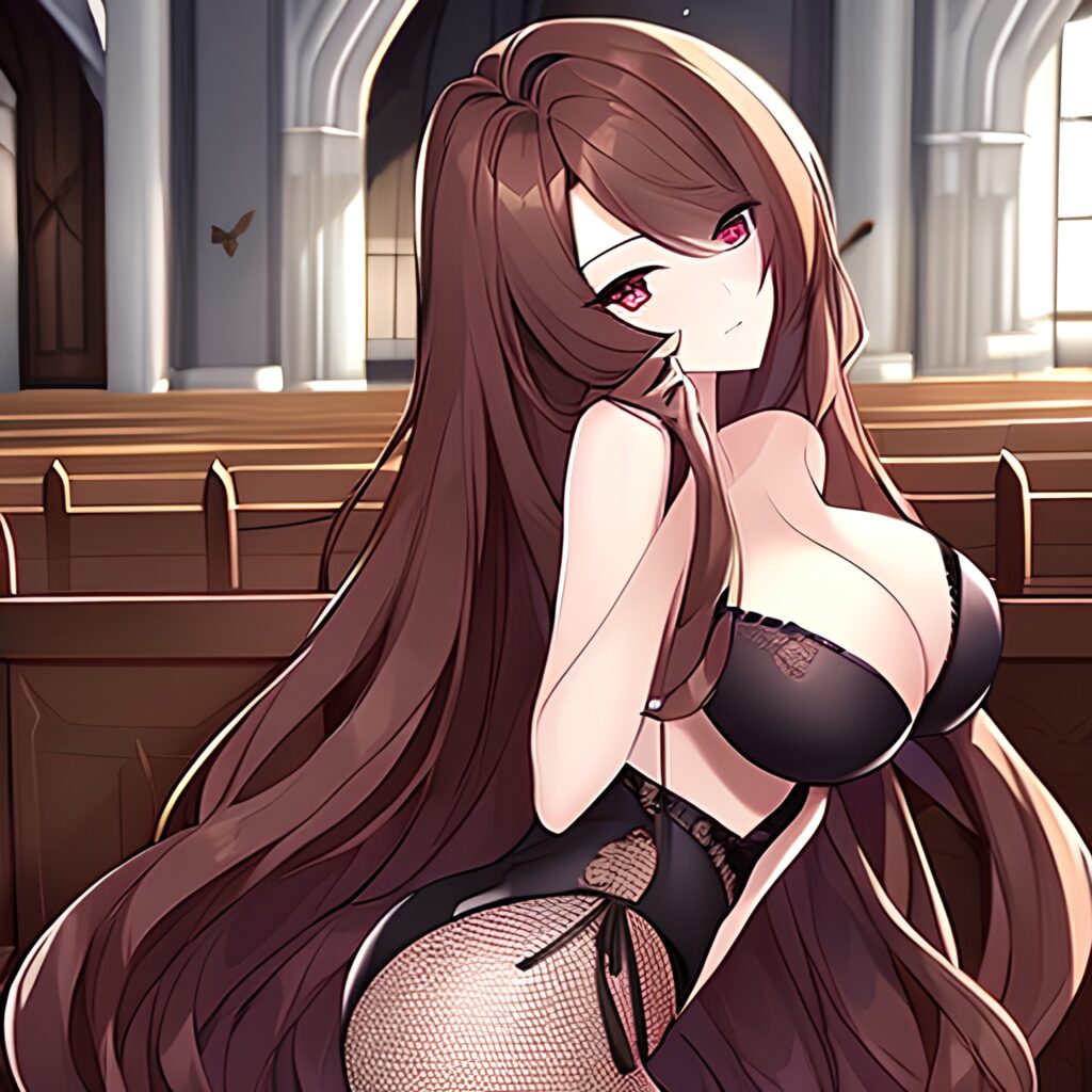 church brunette messy hair long hair woman fishnet 