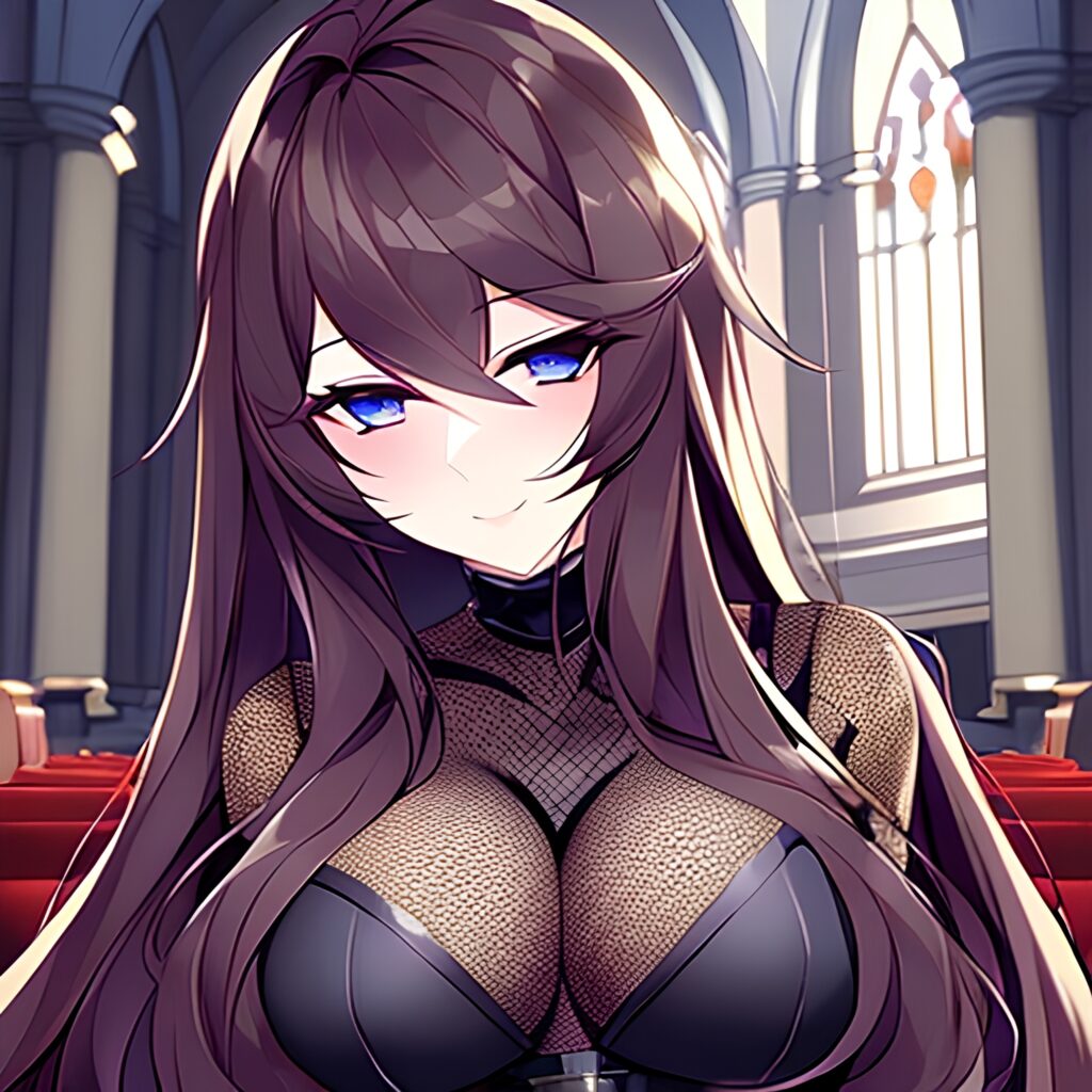 church brunette messy hair long hair woman fishnet 