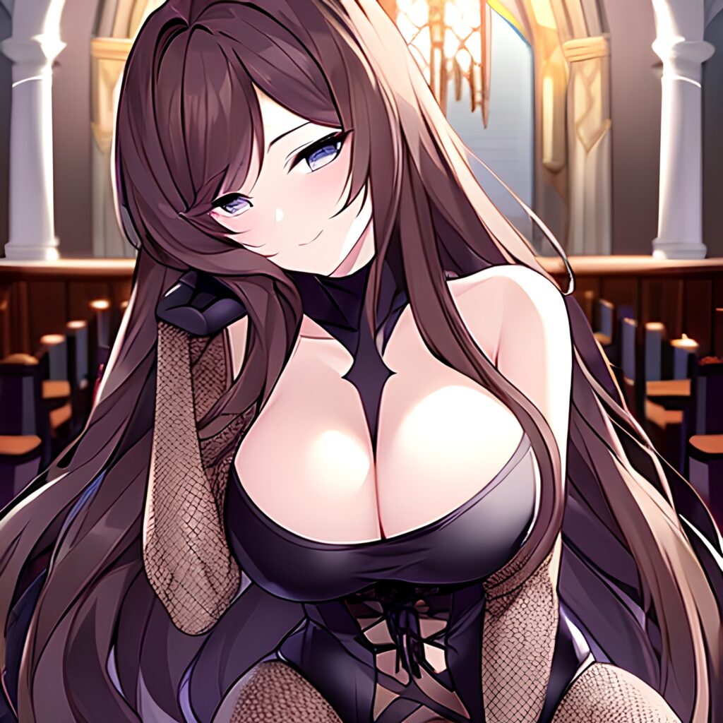 church brunette messy hair long hair woman fishnet 