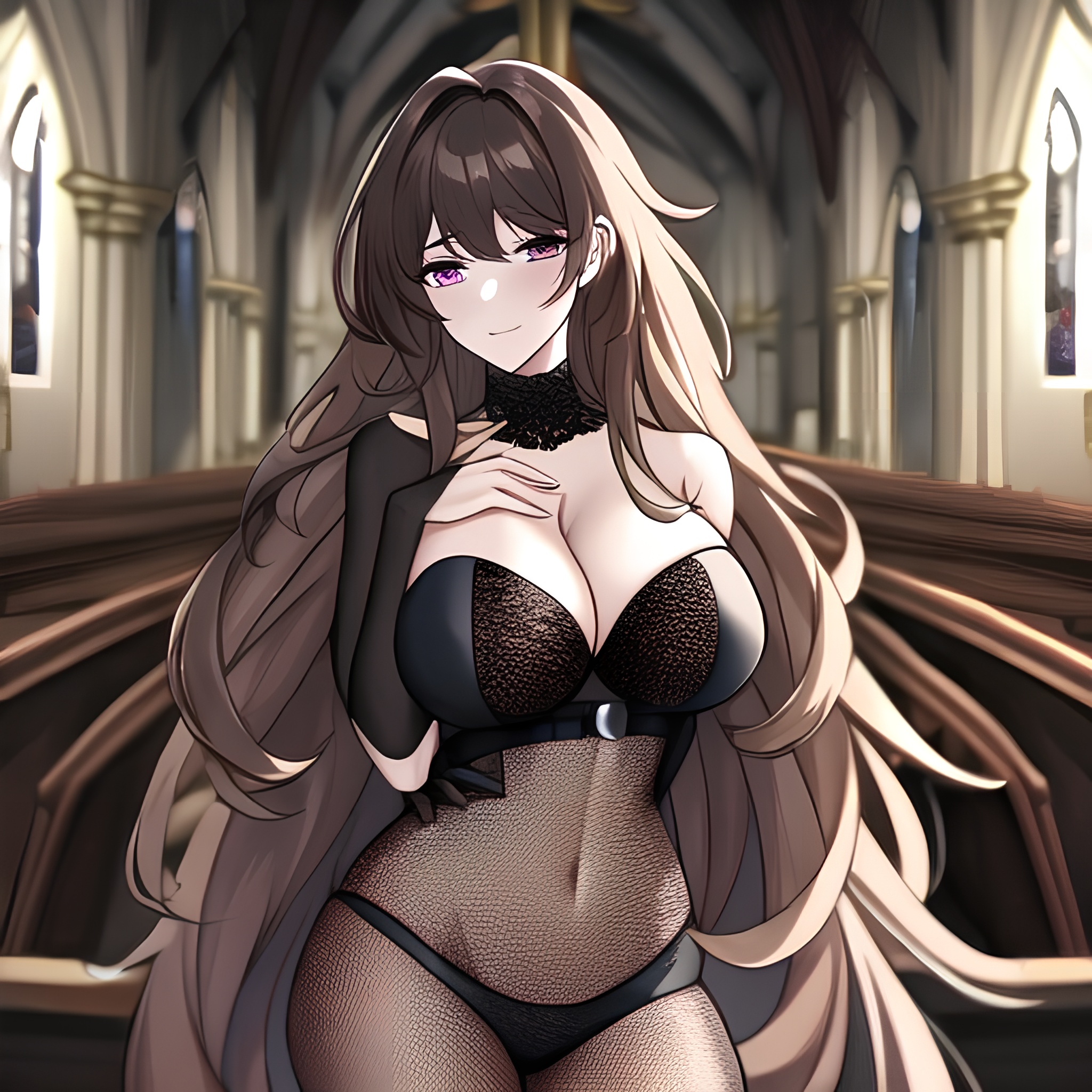 church brunette messy hair long hair woman fishnet 
