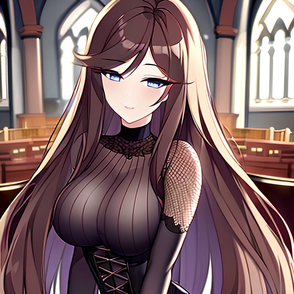 church brunette messy hair woman long hair fishnet 