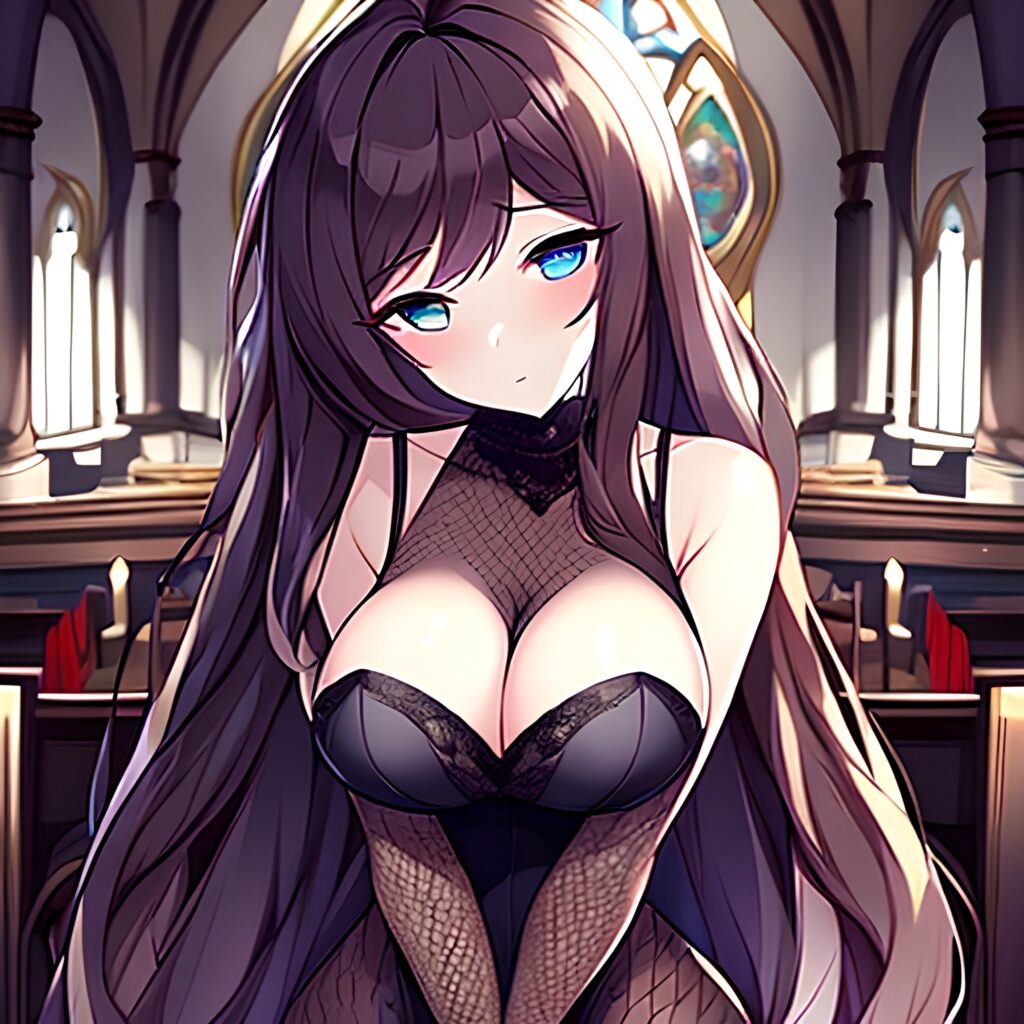 church brunette messy hair woman long hair fishnet 
