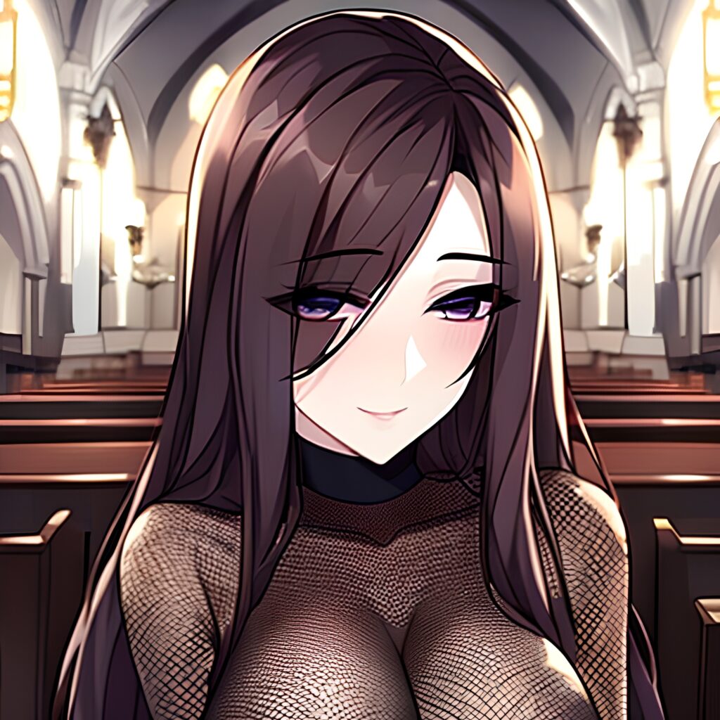 church brunette woman fishnet long hair messy hair 