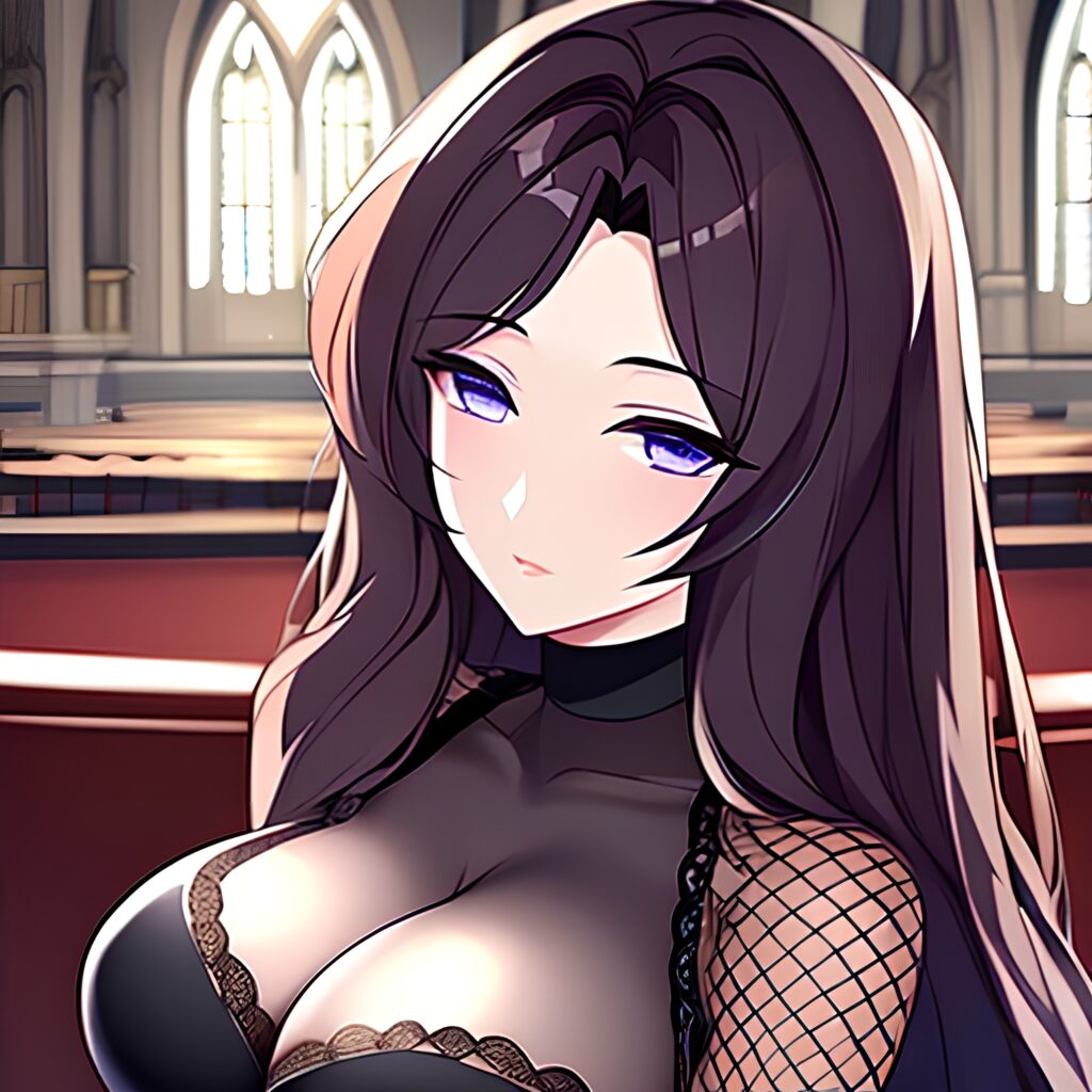 church brunette woman fishnet messy hair long hair 
