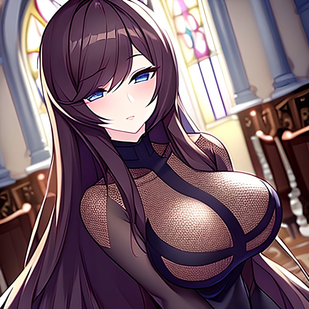 church brunette woman long hair fishnet messy hair 