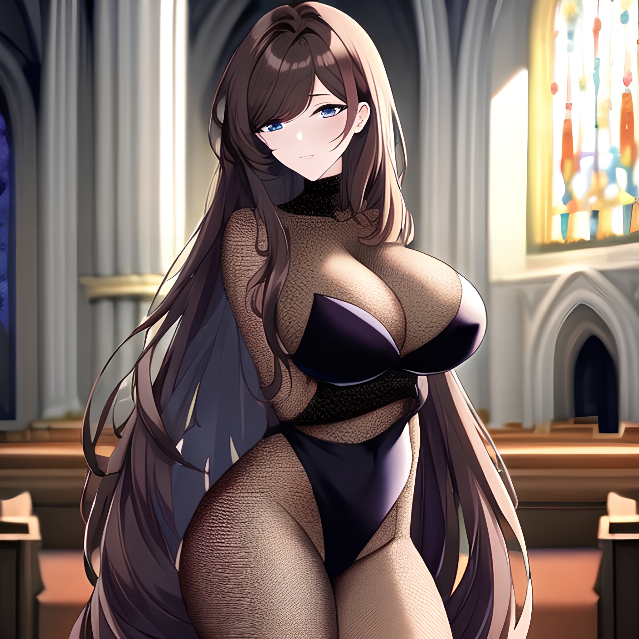 church brunette woman long hair fishnet messy hair 