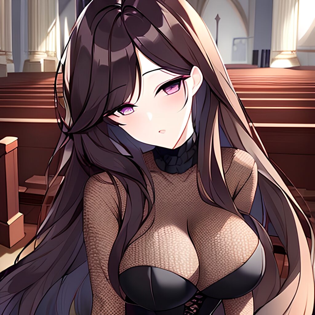 church brunette woman messy hair fishnet long hair