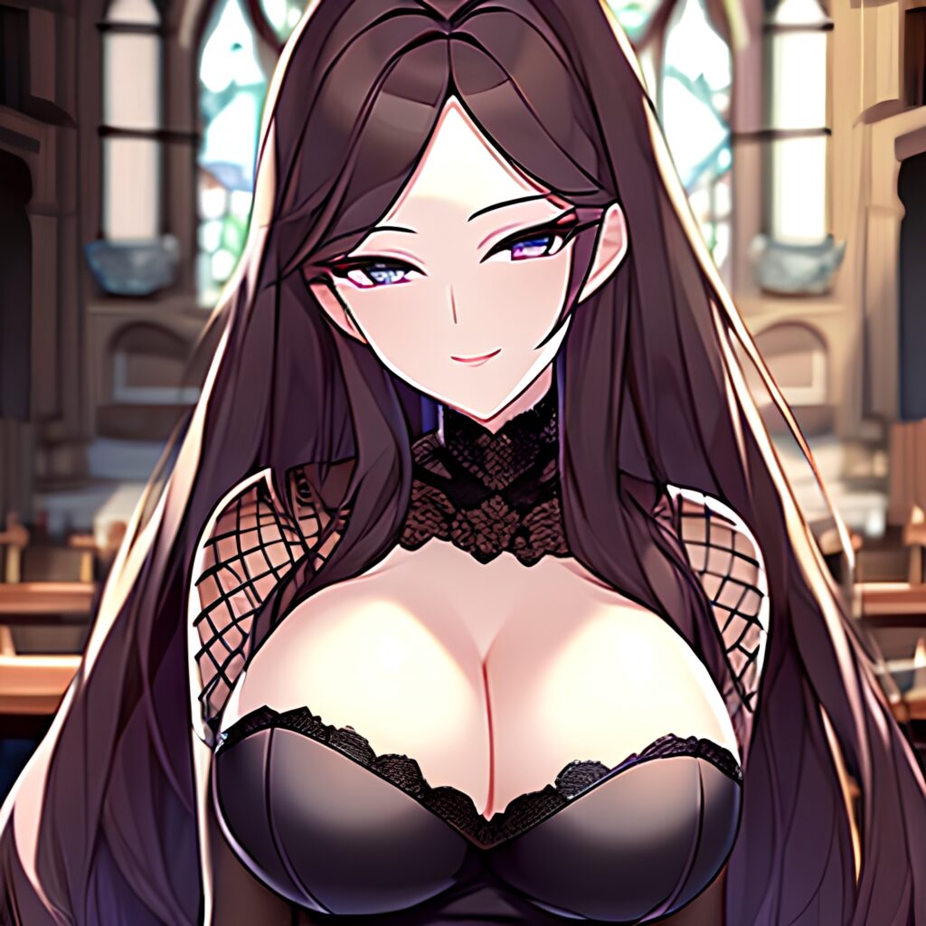 church brunette woman messy hair fishnet long hair 
