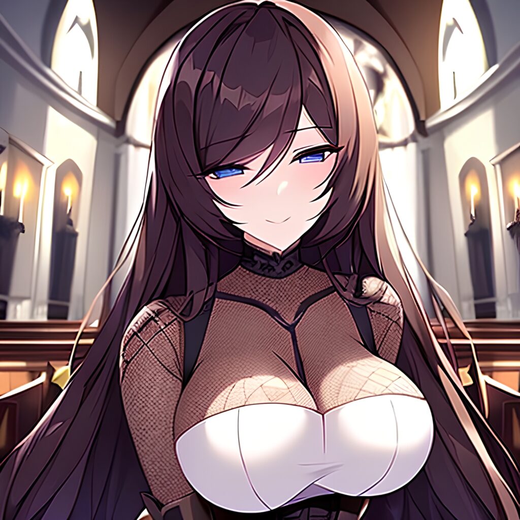 church brunette woman messy hair long hair fishnet 