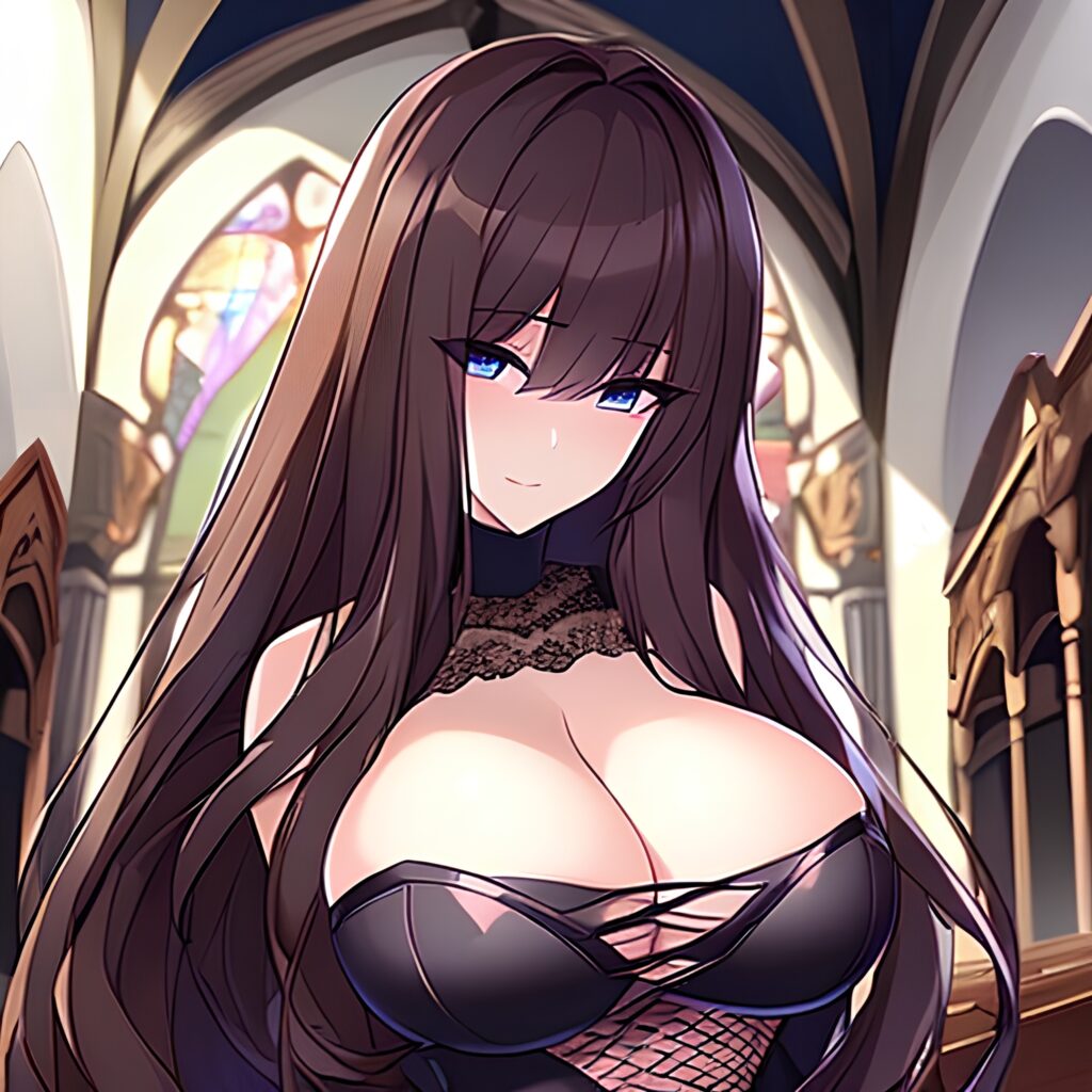 church brunette woman messy hair long hair fishnet 