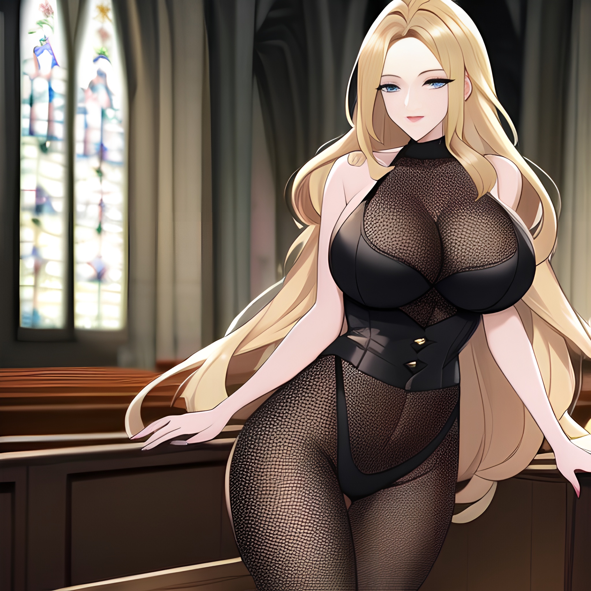 church fishnet blonde long hair woman