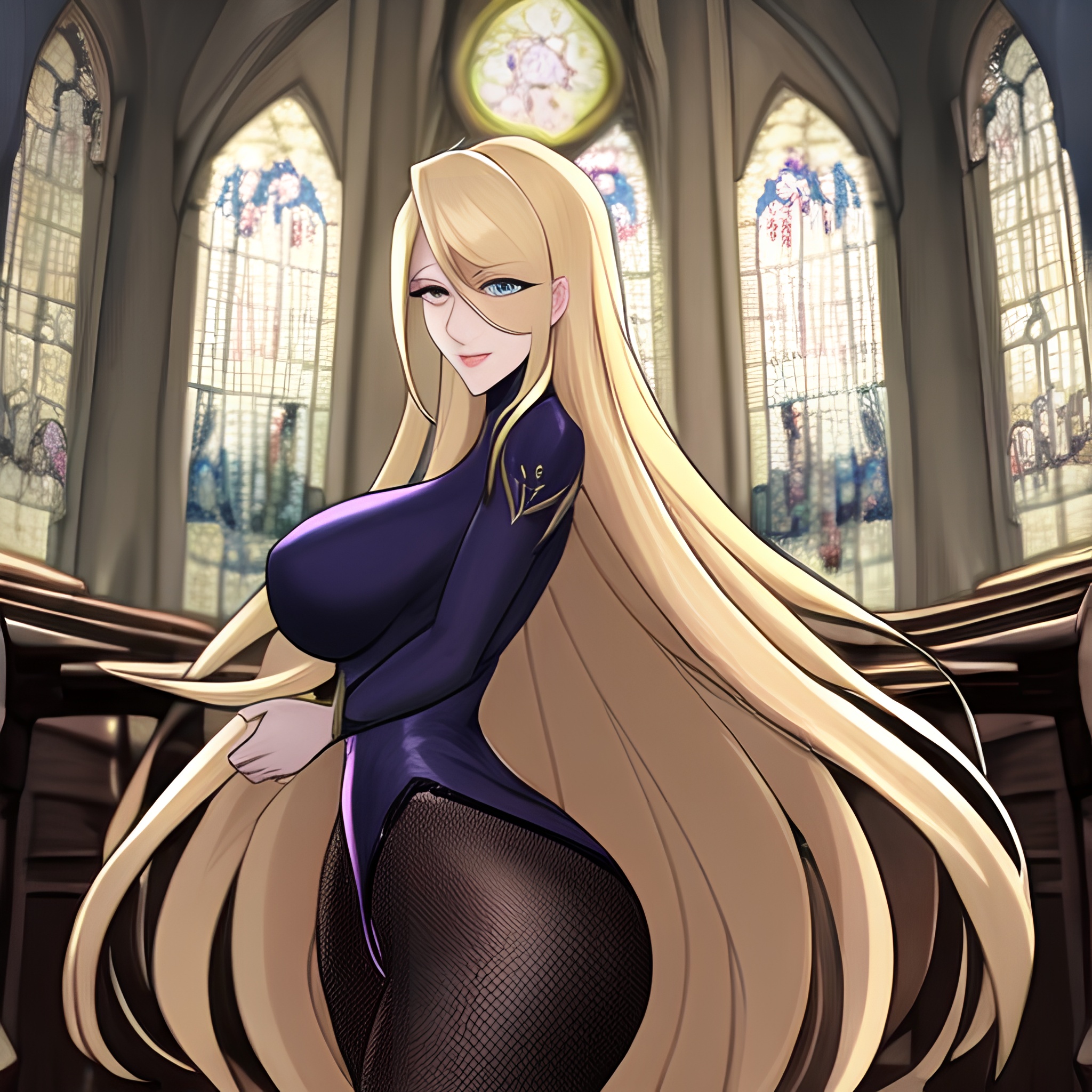 church fishnet blonde long hair woman 
