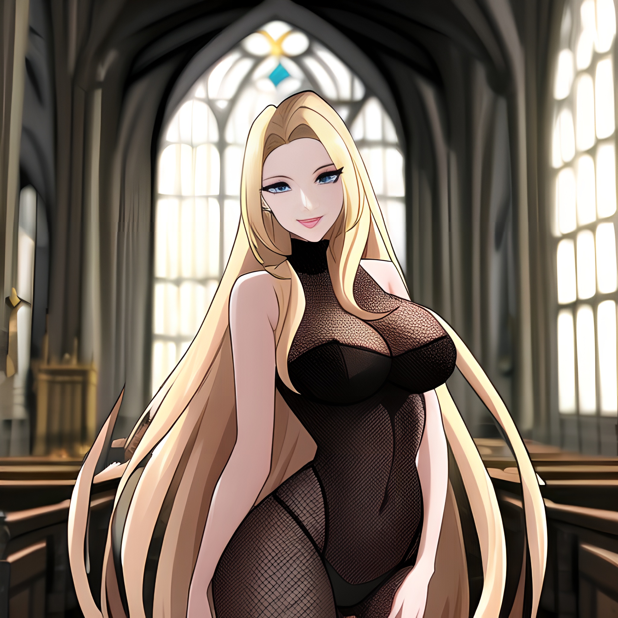 church fishnet blonde long hair woman 