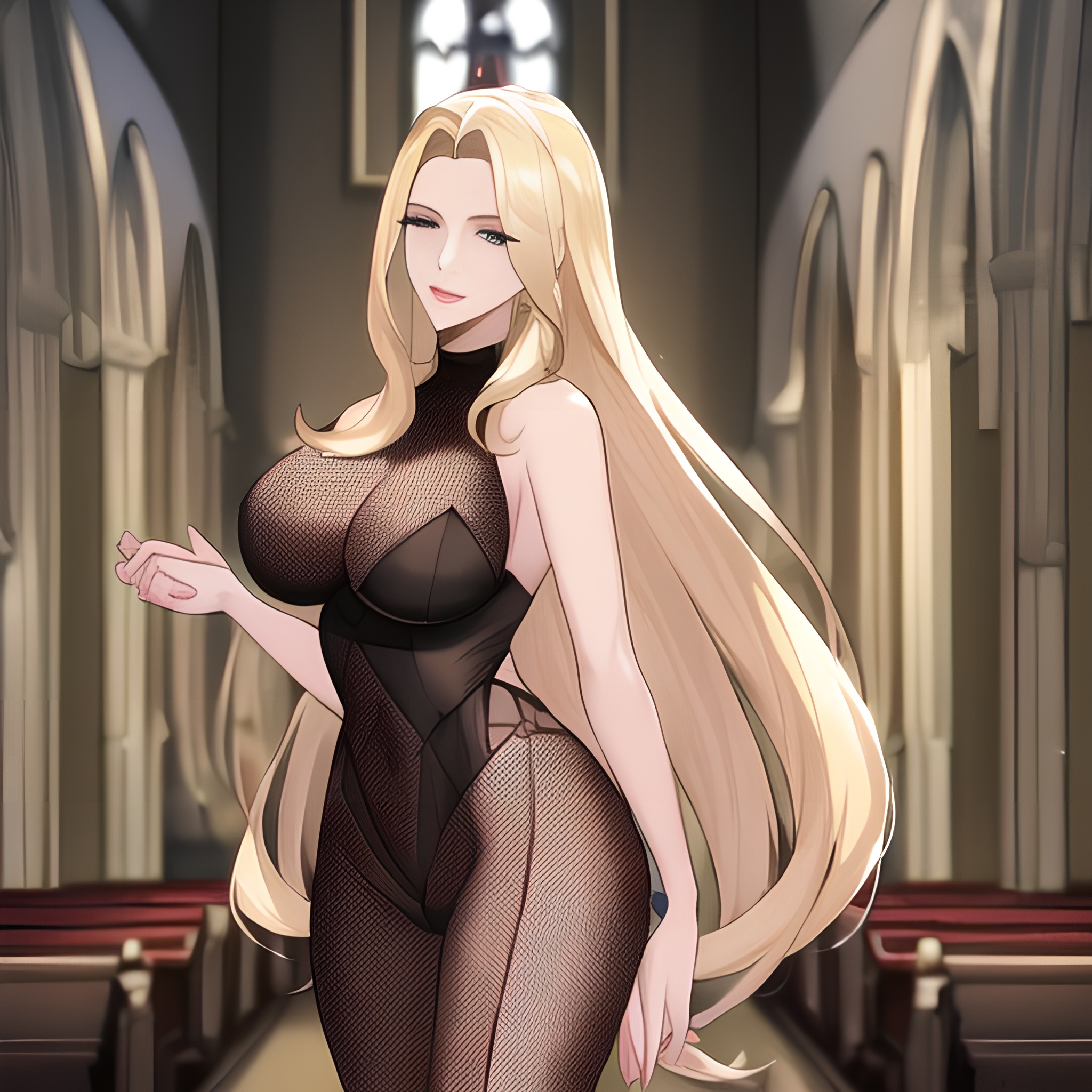 church fishnet blonde small boobs long hair nude front view woman 