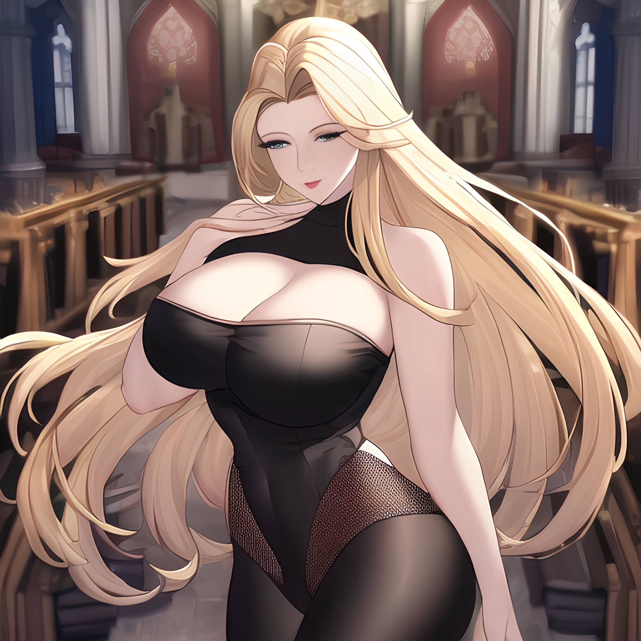church fishnet blonde small boobs long hair woman front view nude 