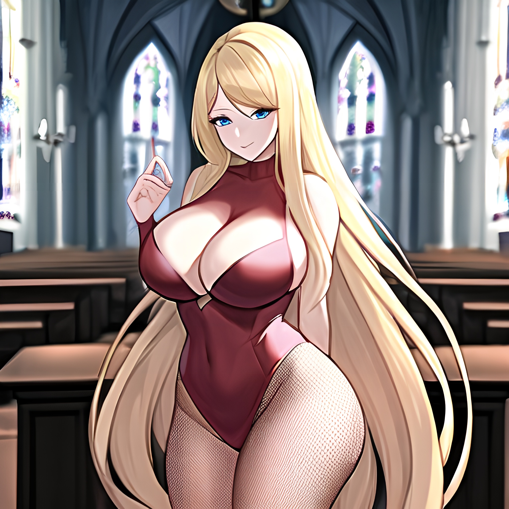 church fishnet blonde woman long hair 