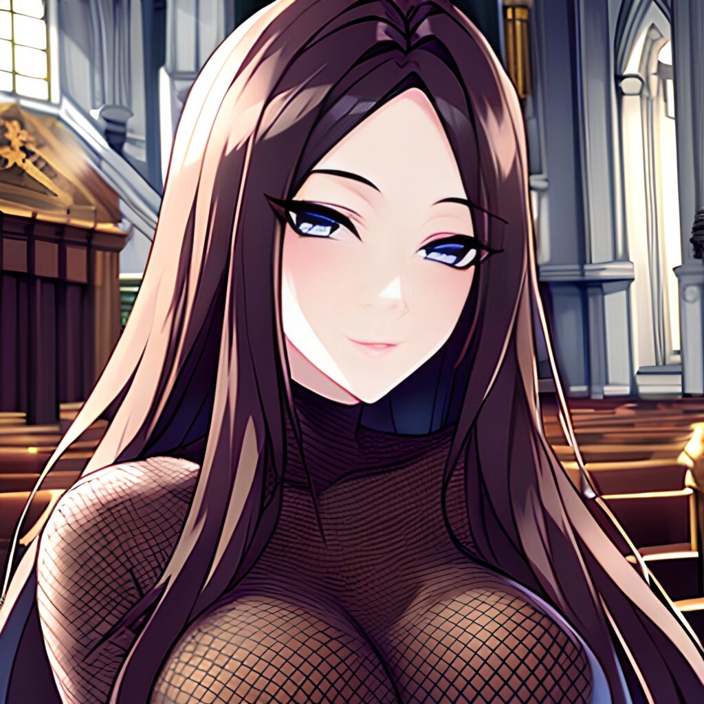 church fishnet brunette long hair messy hair woman 