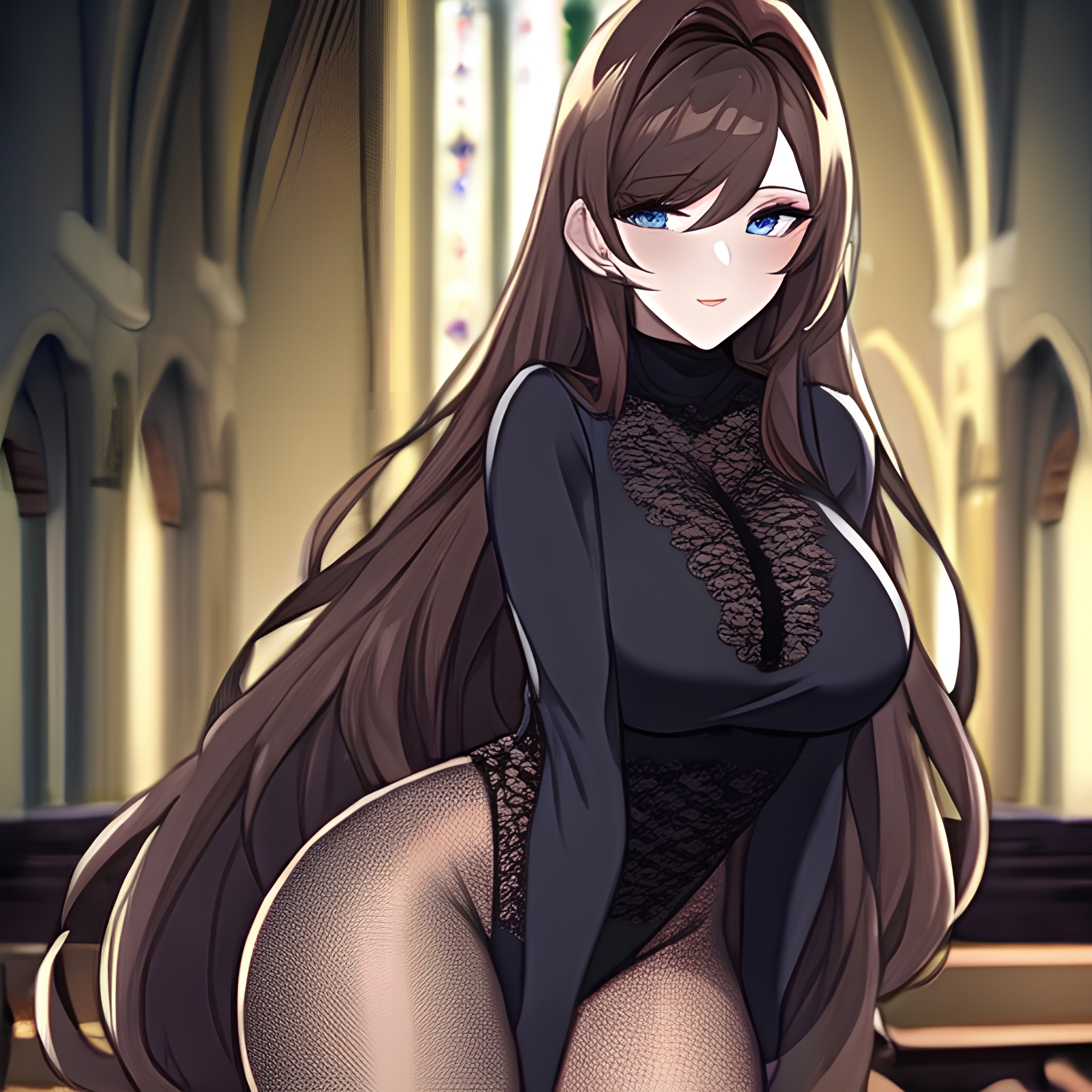 church fishnet brunette long hair messy hair woman 