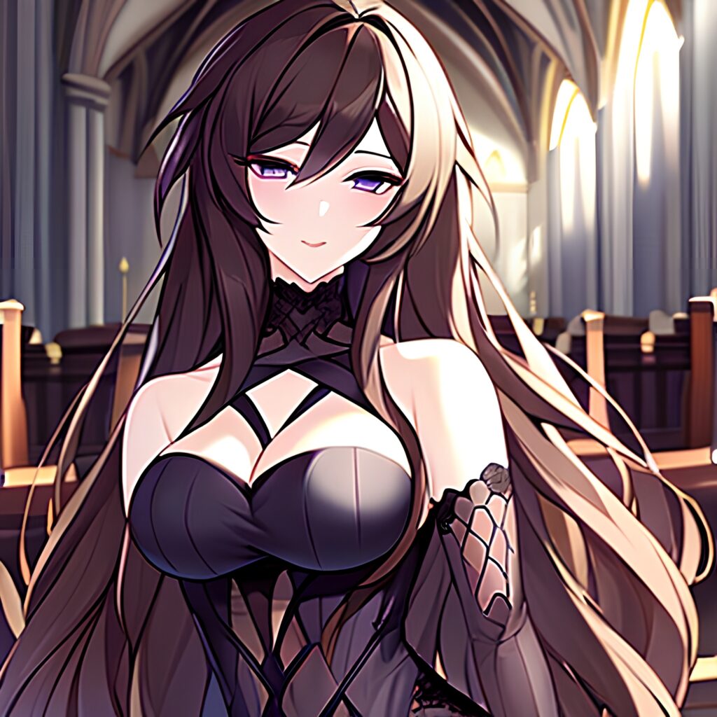 church fishnet brunette long hair woman messy hair
