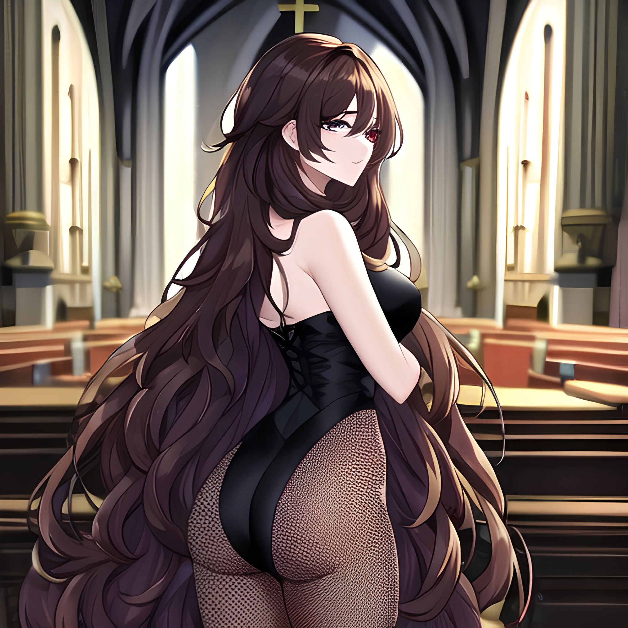 church fishnet brunette long hair woman messy hair 