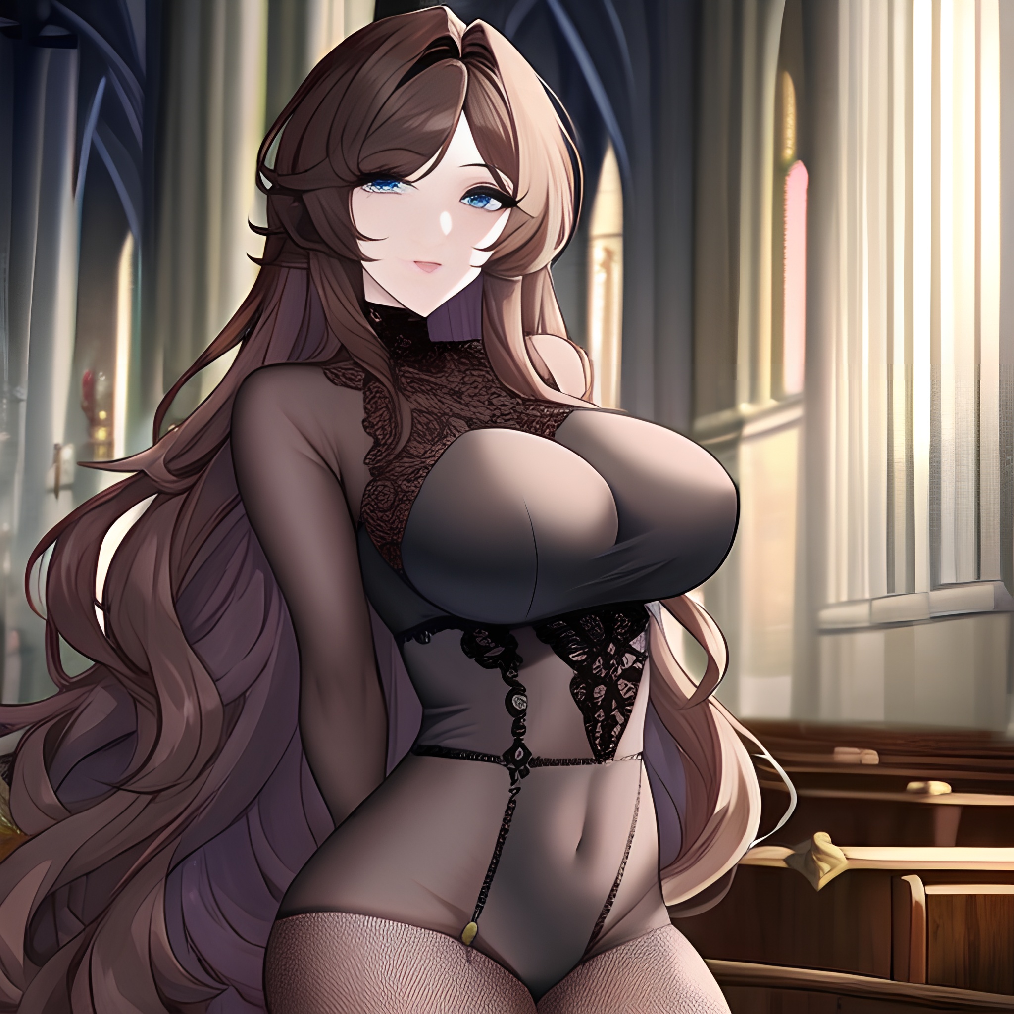 church fishnet brunette long hair woman messy hair 