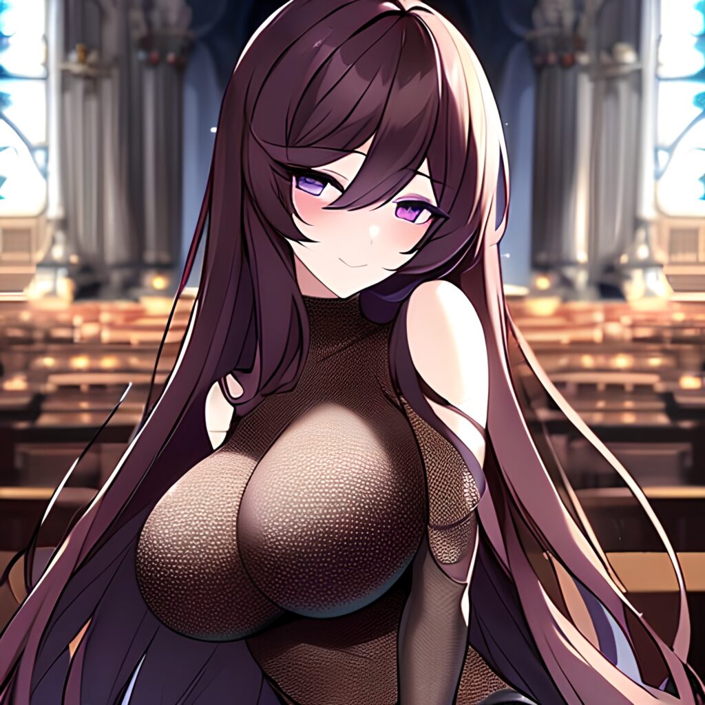 church fishnet brunette long hair woman messy hair 