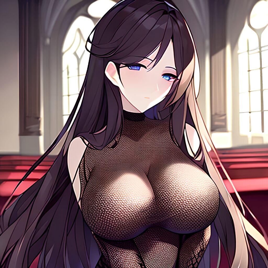 church fishnet brunette long hair woman messy hair 