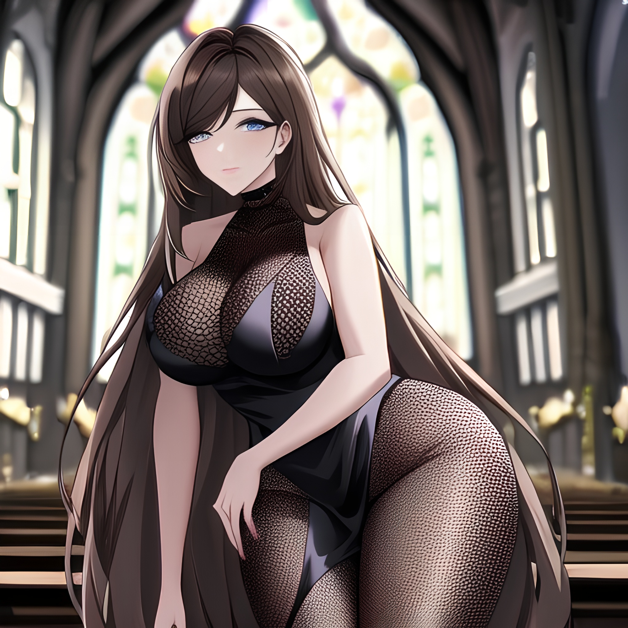 church fishnet brunette long hair woman messy hair 