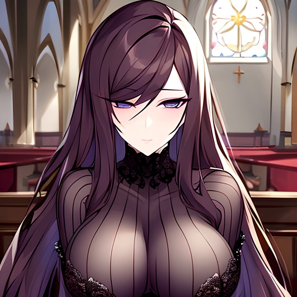 church fishnet brunette long hair woman messy hair 