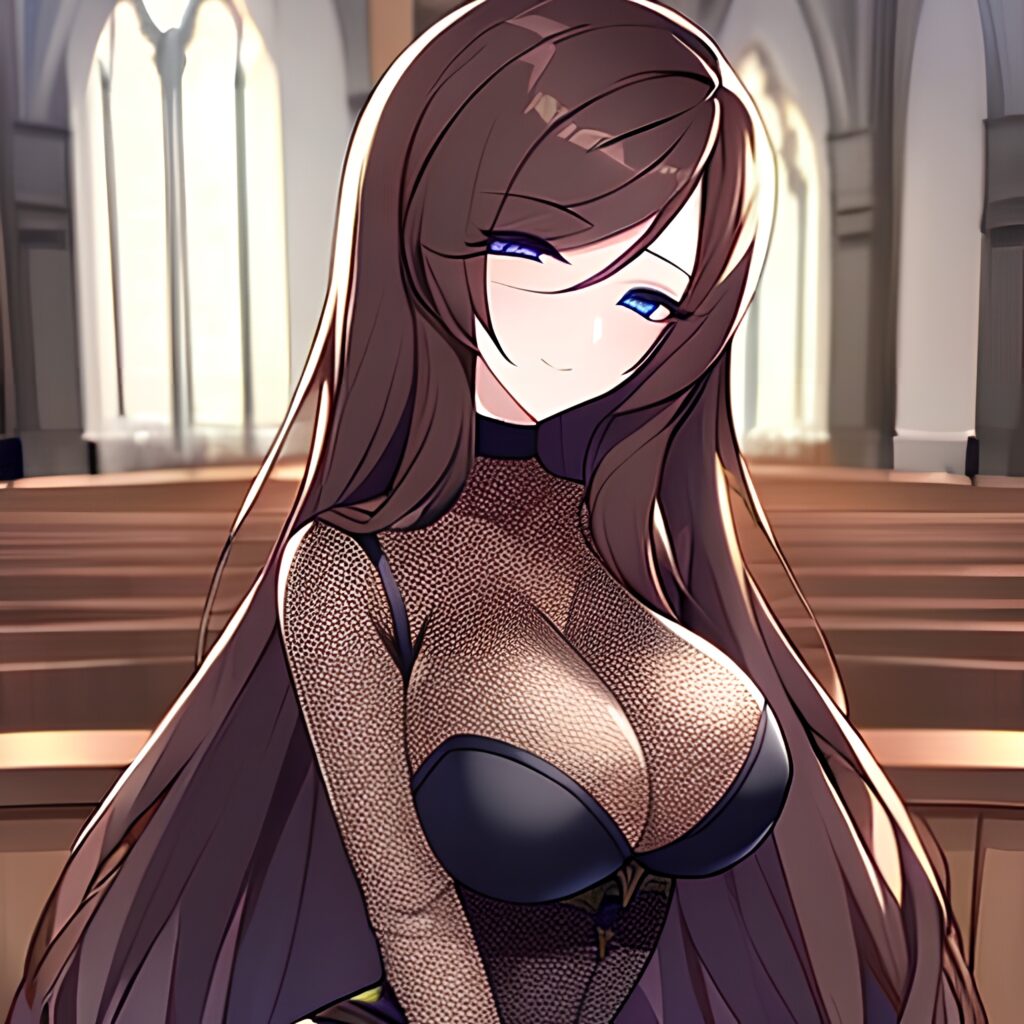 church fishnet brunette long hair woman messy hair